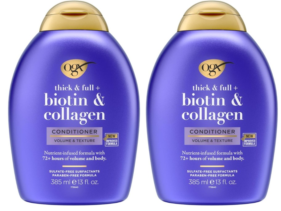 purple and gold bottles of OGX Thick & Full + Biotin & Collagen Volumizing Shampoo and Conditioner