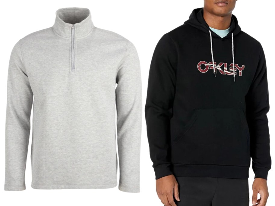 white quarter zip men's pullover next to a man wearing a black Oakley's logo hoodie