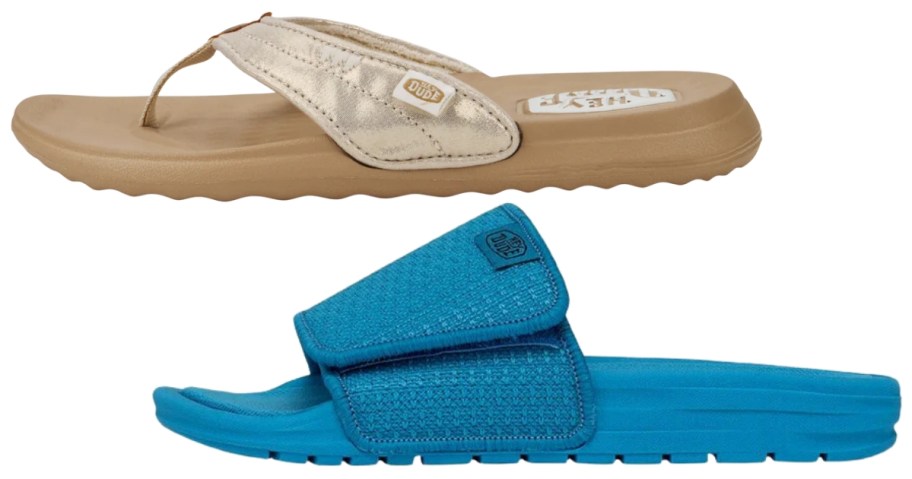 kid's tan and gold flip flop and bright blue slide sandal