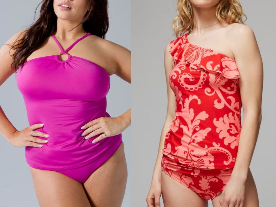 women wearing 2 piece swimsuits, 1 in hot pink, 1 in orange tropical flowers