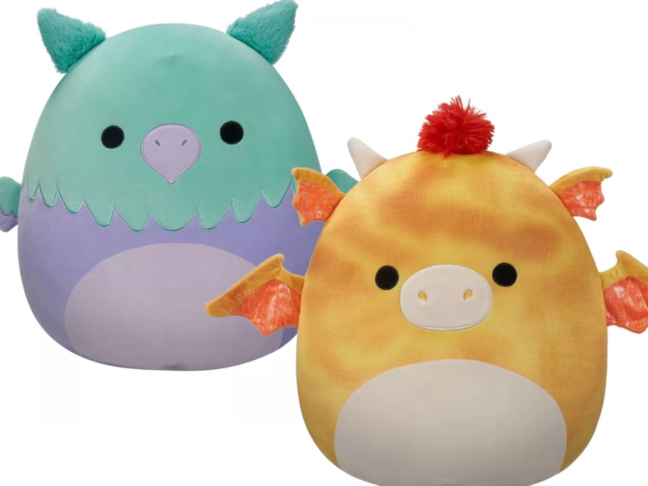 purple and teal Griffin Squishmallow and orange and red dragon Squishmallow