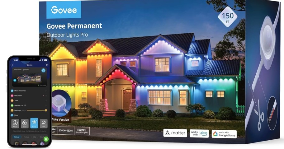 box of Govee permanent lights next to a smart phone