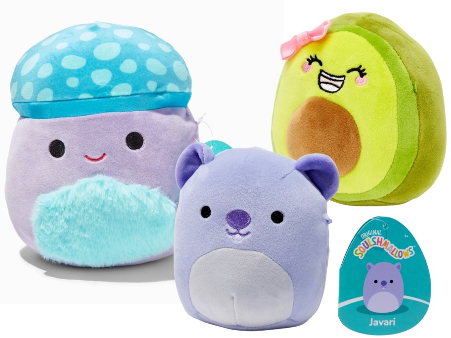 larger mushroom, smaller avocado and bear Squishmallows