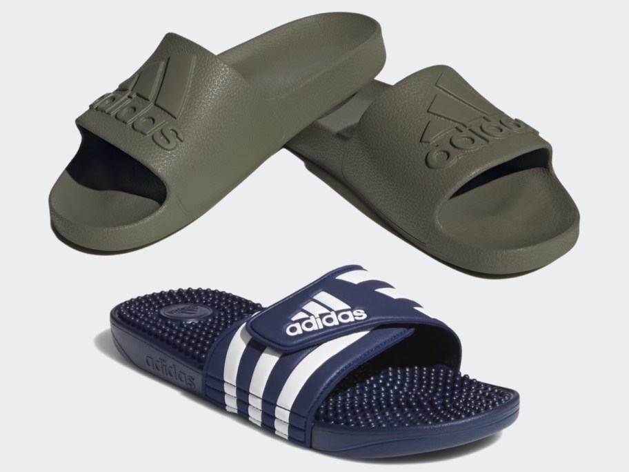 pair of olive green adidas slides and a single blue adidas massage slide