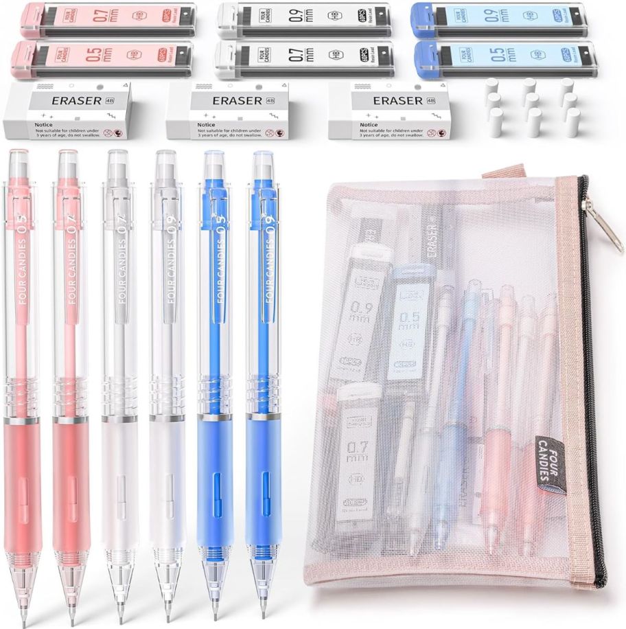 24 piece mechanical pencil set with pencil pouch stock image