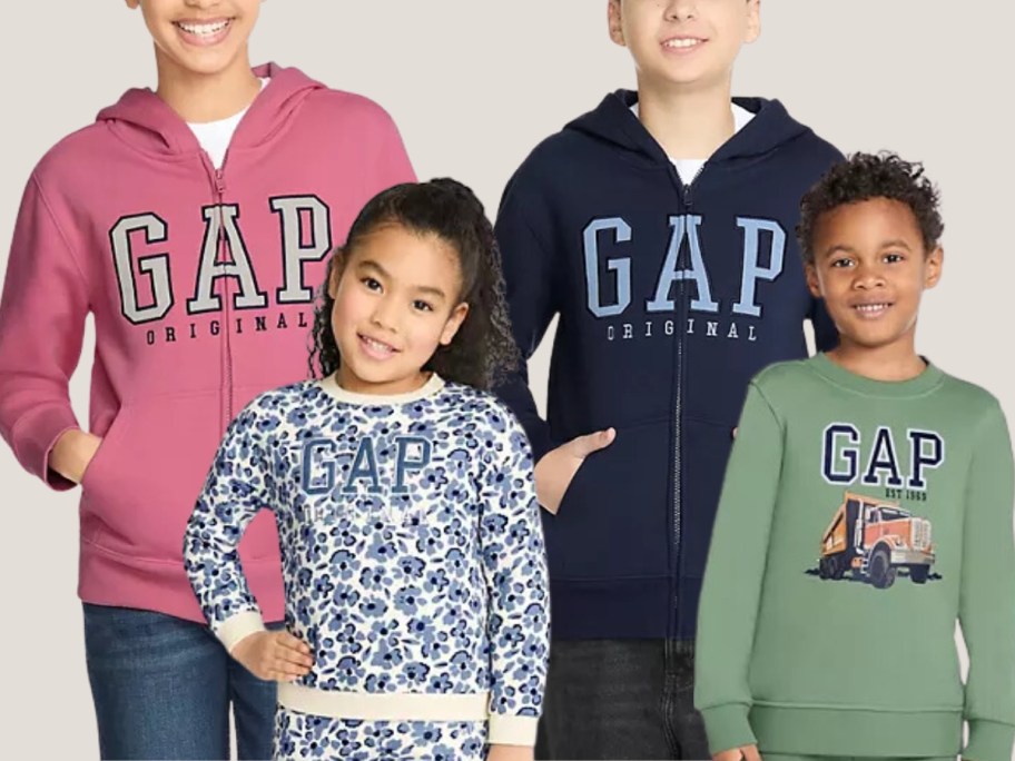 boy and girl wearing full zip Gap hoodies and toddler girl and boy wearing Gap sweatshirt and jogger pant sets