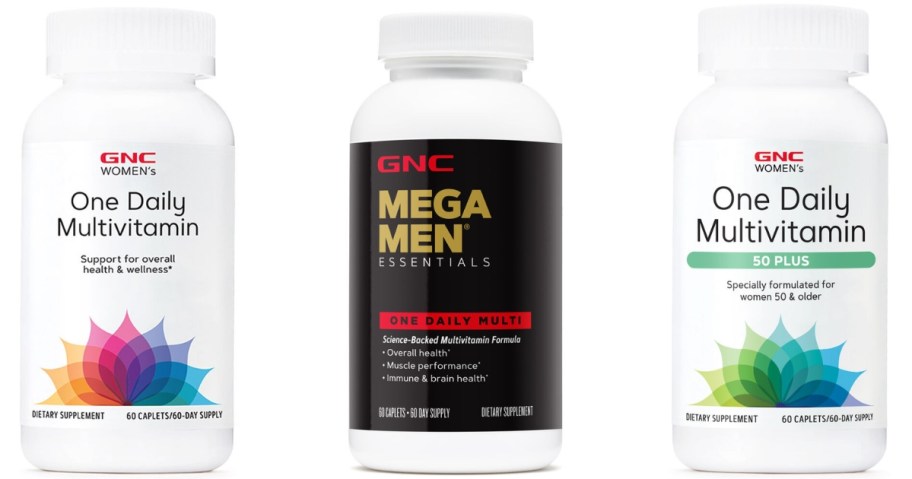 GNC Women's, Mega Men and 50 Plus One Daily Vitamin bottles