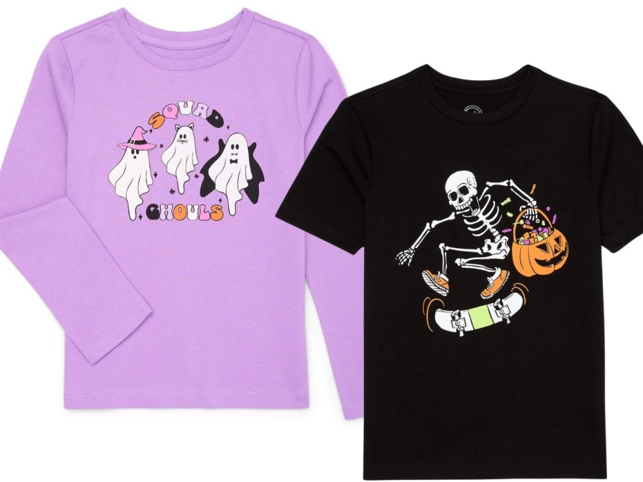 girl's light purple long sleeve Halloween Graphic Tee with Ghosts and boy's black short sleeve tee with a skeleton skateboarding