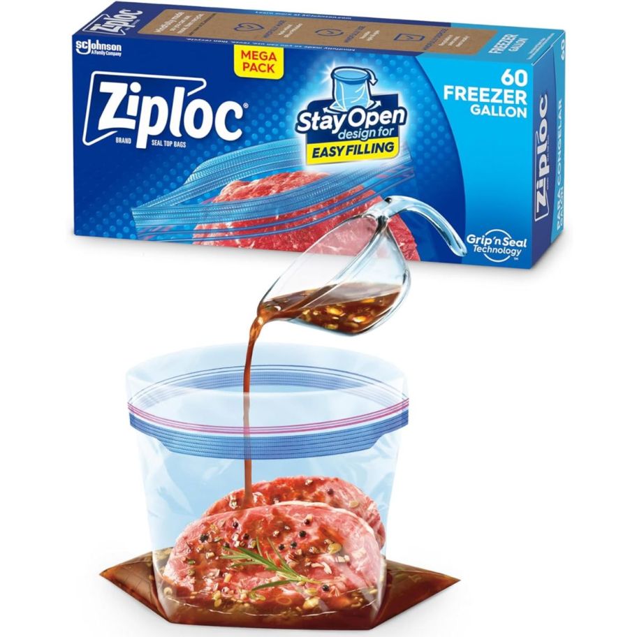 a 60 count box of gallon ziploc freezer bags on a white background