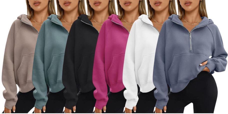 six models wearing cropped half zip hoodies in various colors