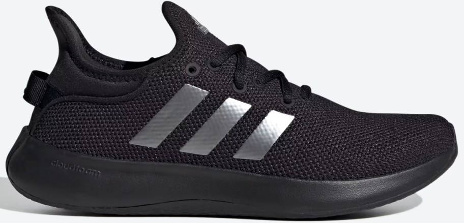 black adidas sneaker with 3 silver stripes