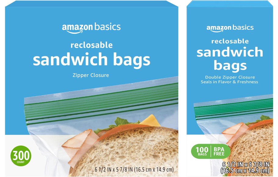 two boxes of Amazon Basics Sandwich Bags