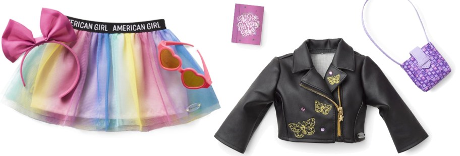 american girl rainbow skirt and leather jacket