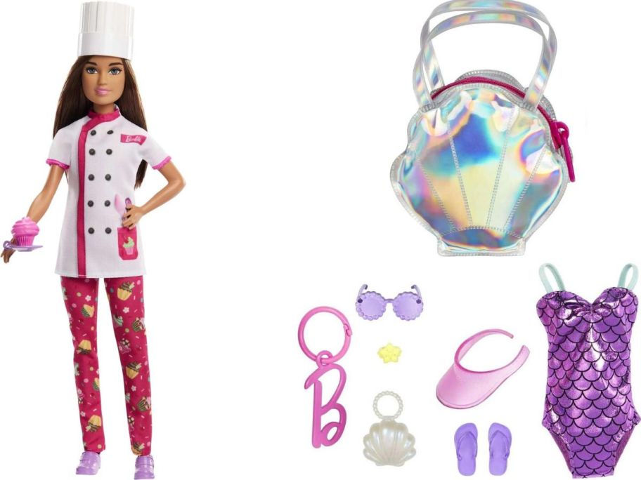 Stock image of a Barbie Career Pastry Chef Doll and a beach accessories set
