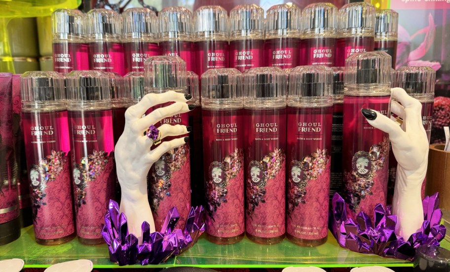 pink Bath & Body Works Halloween Body Sprays on display in store