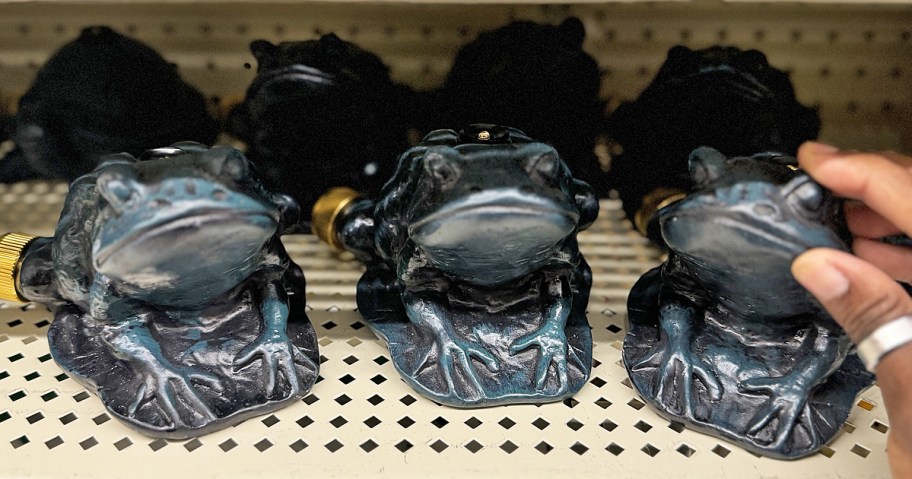 hand touching Blue Frog Sprinklers on store shelf