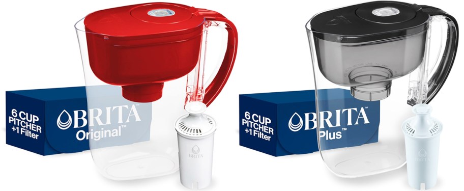 red and black brita pitchers with filter boxes