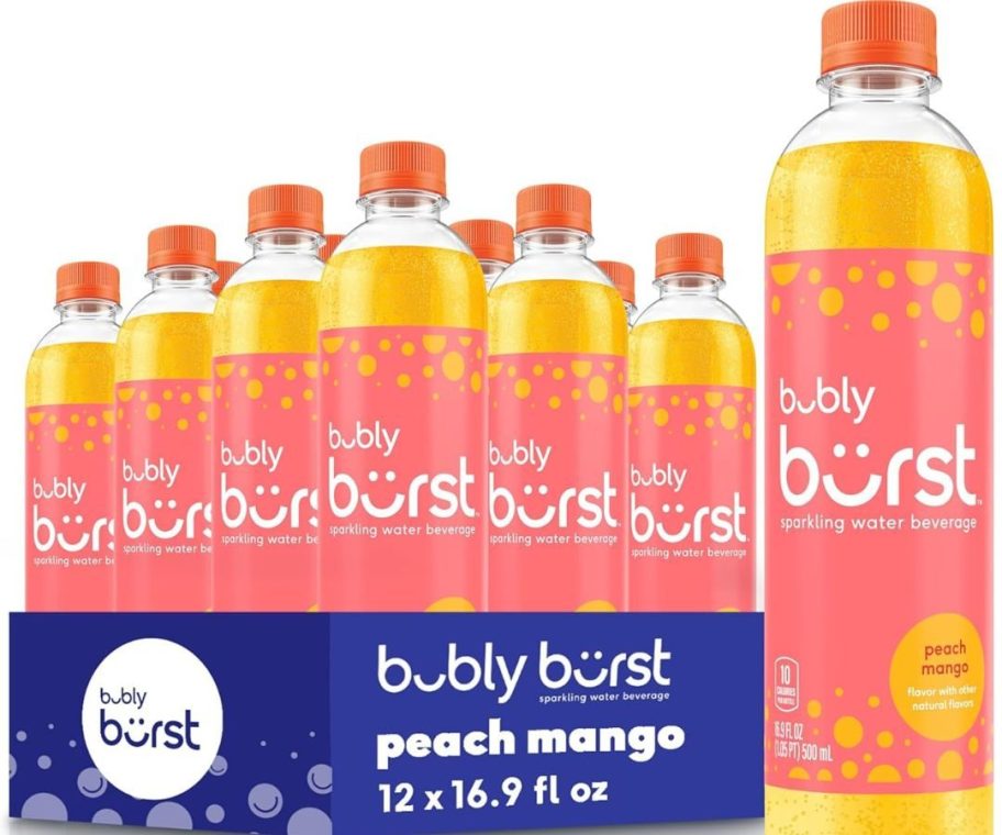 Stock image of a case of Bubly Burst in Peach Mango flavor