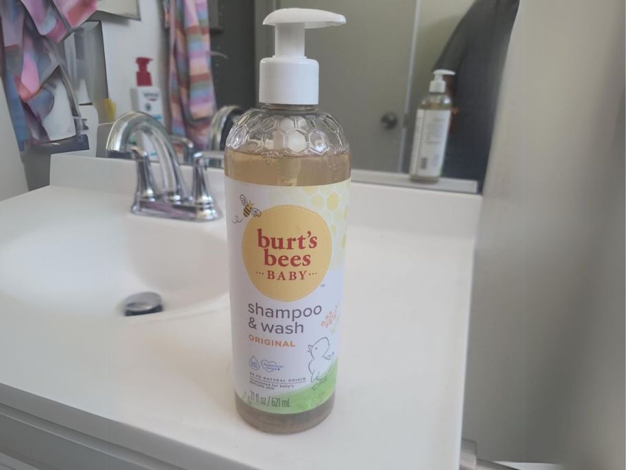 Burt's Bees Baby Shampoo & Wash 21oz Pump Bottle on bathroom counter