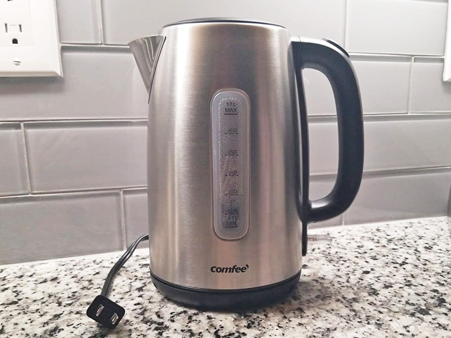 stainless steel electric kettle on counter