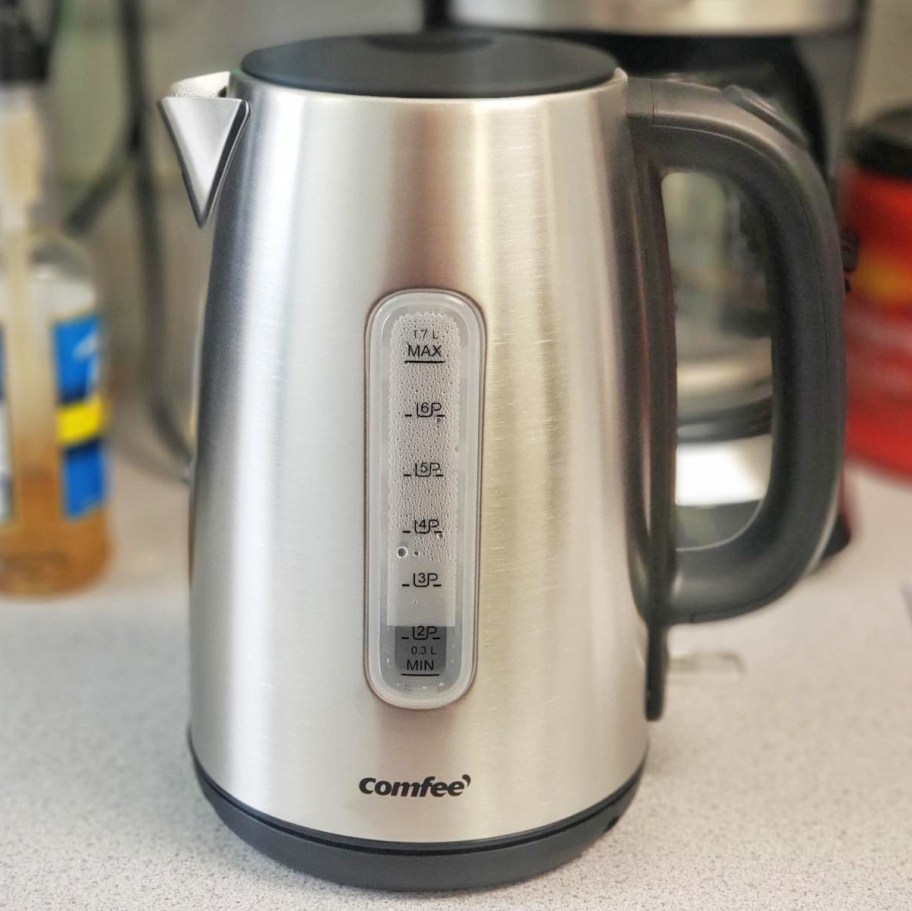 stainless steel electric kettle on counter