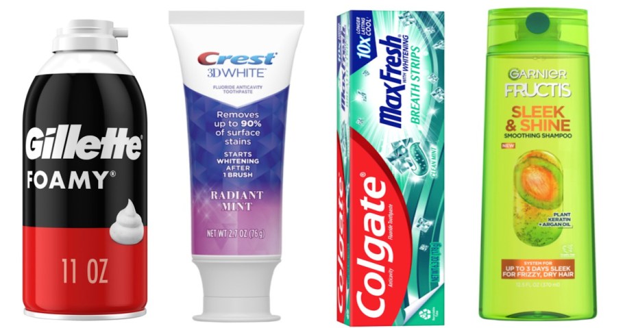 shave foam, toothpaste and shampoo