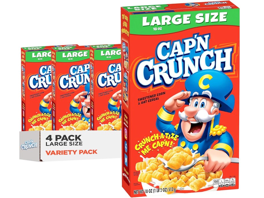four red boxes of Cap'n Crunch Original Cereal