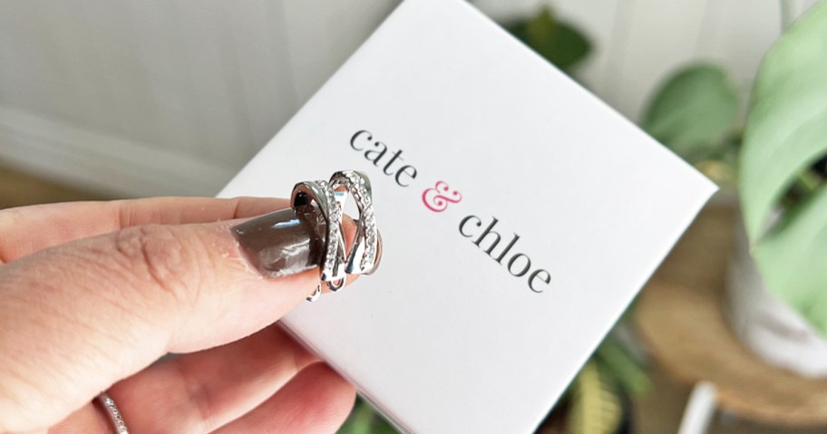 hand holding a set of silver hoop earrings and cate & chloe gift box