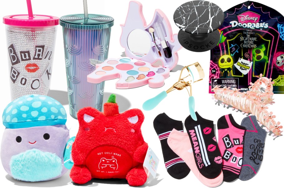 various tumblers, plushies, beauty items and socks