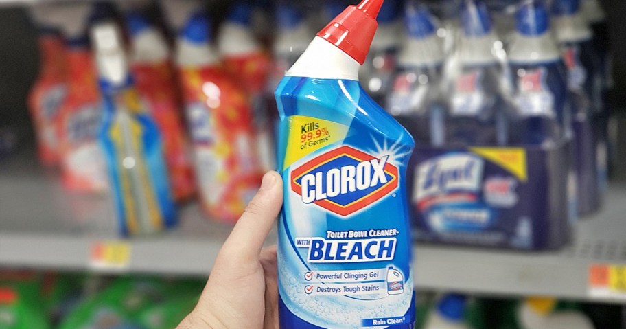 hand holding a bottle of Clorox Toilet Bowl Cleaner