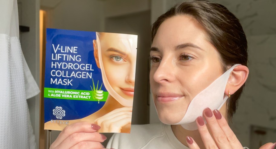 Collagen chin masks displayed on womans face