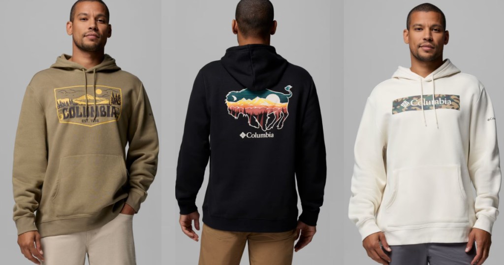 Three men wearing different colored Columbia hoodies