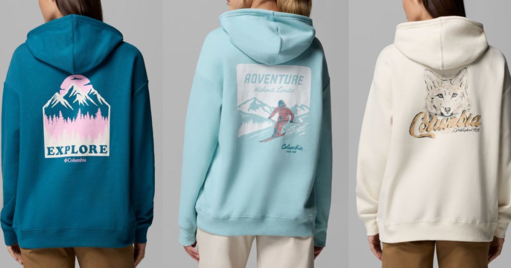 Three women side-by-side showing the back of their Columbia hoodies