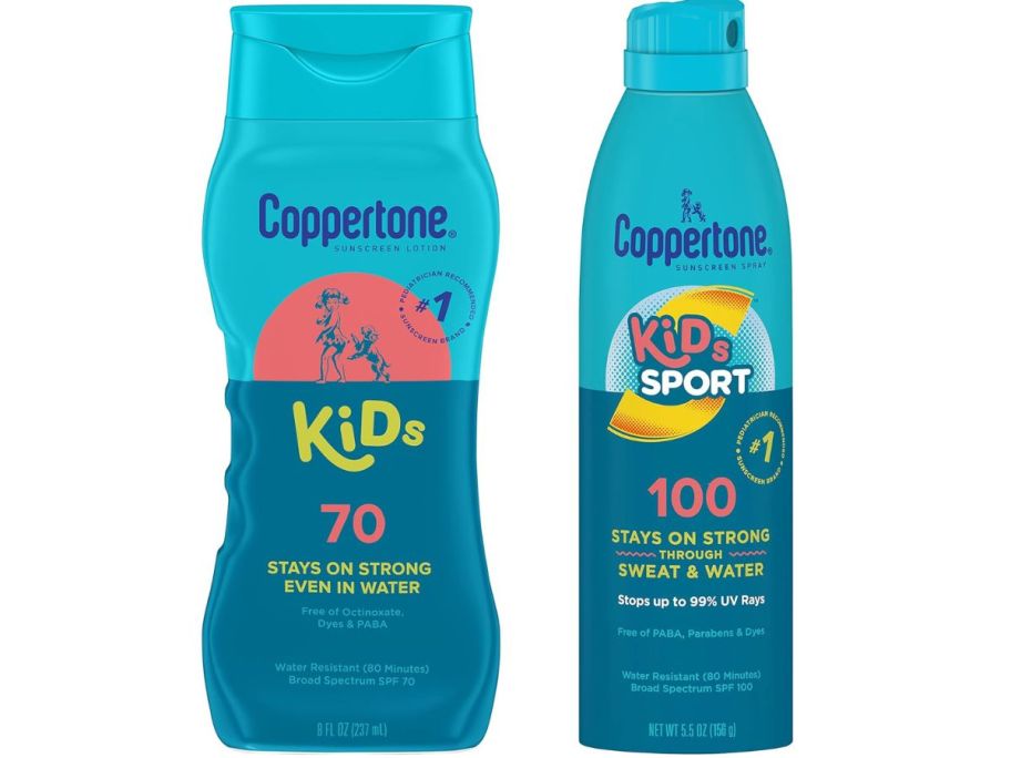 Stock imeages of a 2 bottles of Coppertone kids sunscreen