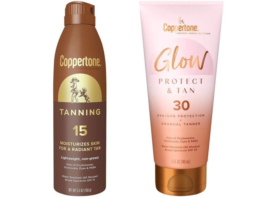 Stock images of a bottle and a tube of Coppertone sunscreen