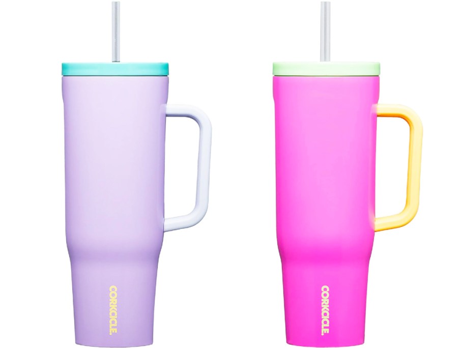 pink and purple tumblers with handles and straws