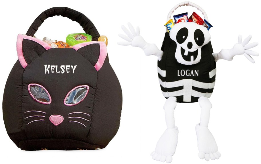 black cat and skeleton personalized halloween treat baskets