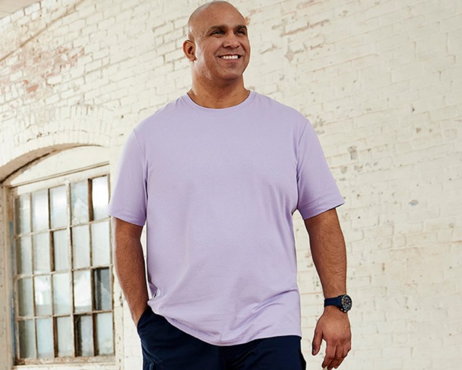 big and tall man in purple shirt