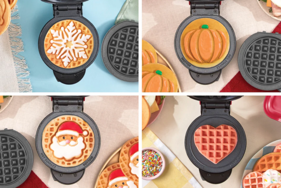 The Dash Multimaker Holiday Mini Maker Set showing the various holiday waffle designs