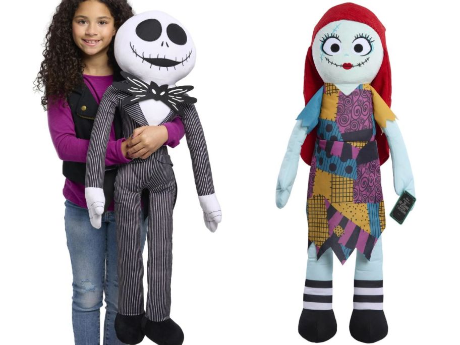 Stock images of a little girl holding a Jumbo Jack Skellington Plush and a jumbo Sally plush