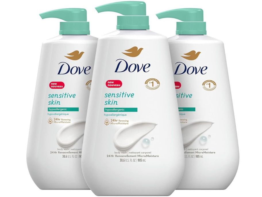 3 large Bottles of Dove sensitive skin body wash