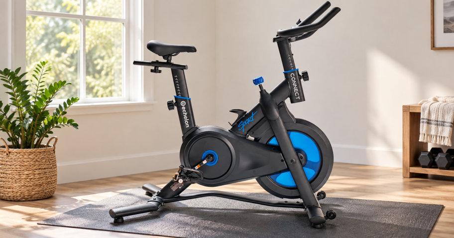 Echelon Connect Sport 2 exercise bike on a workout mat in a bright home fitness space.