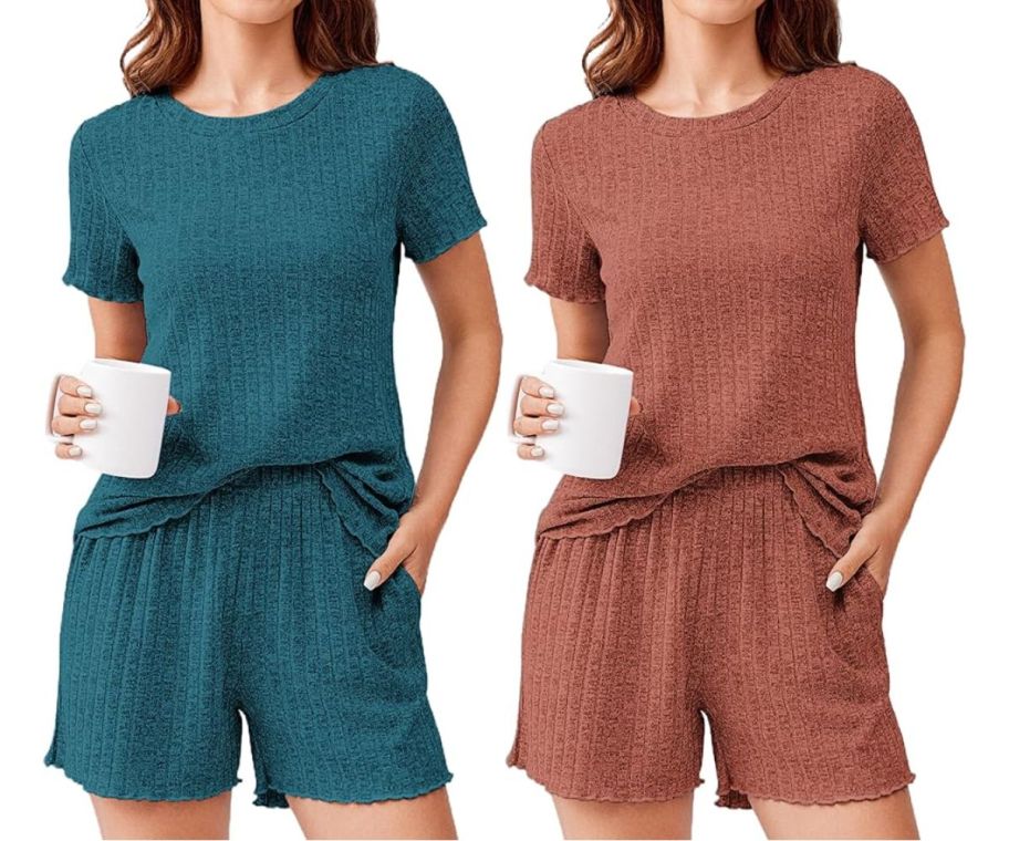 two models wearing knit shorts pajama sets