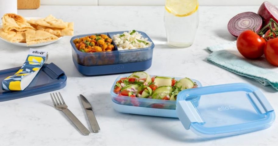 Ello 2-Pack Lunch Stack Plastic Food Storage Container on counter with food in it and next to it