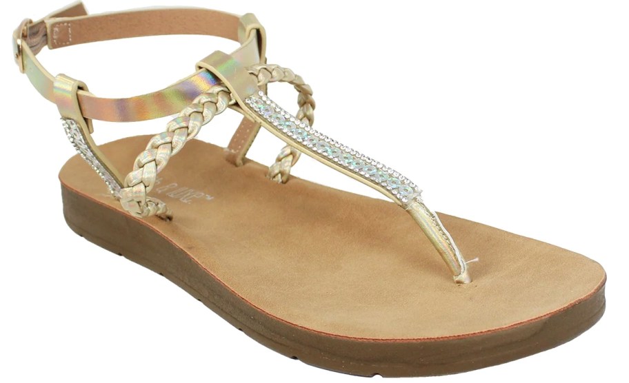 metallic gold t-strap sandal