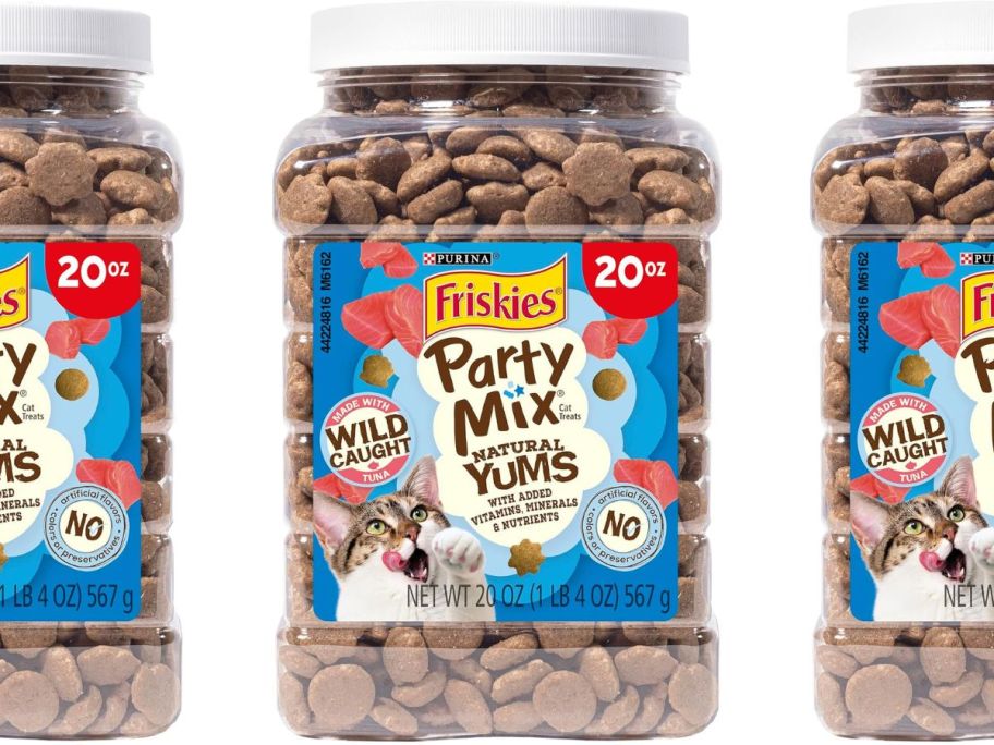 Stock images of Friskies Party Mix Cat Treats Canister in Tuna flavor