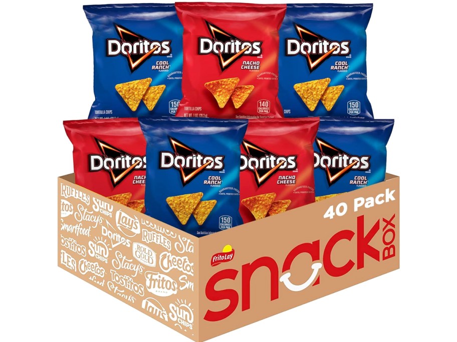 blue and red bags of doritios in cardboard box