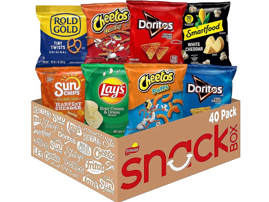 variety of frito-lay snack bags in cardboard box