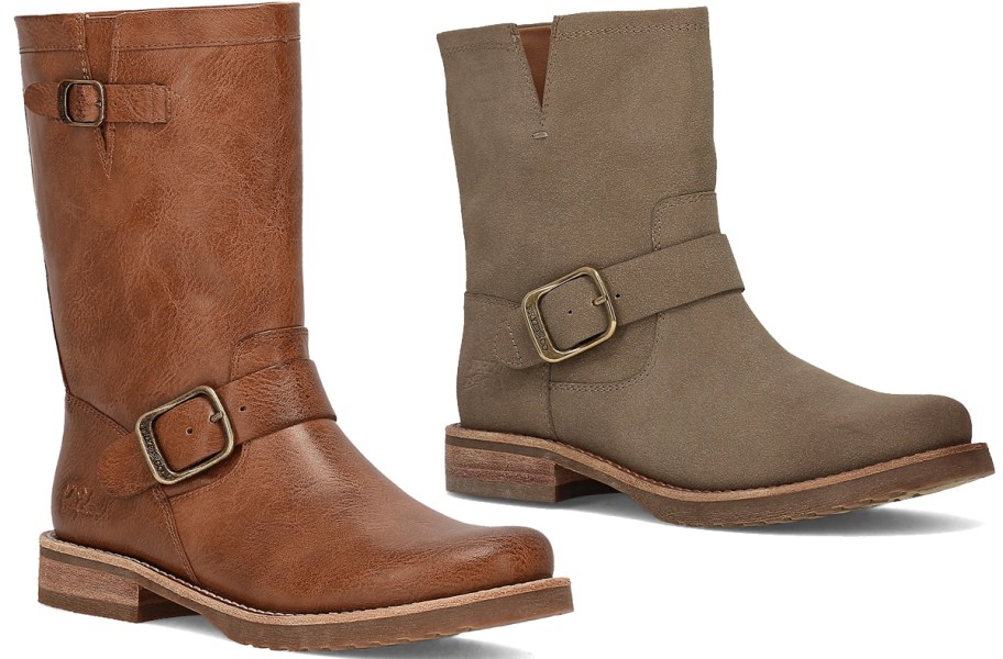 brown and grey leather boots
