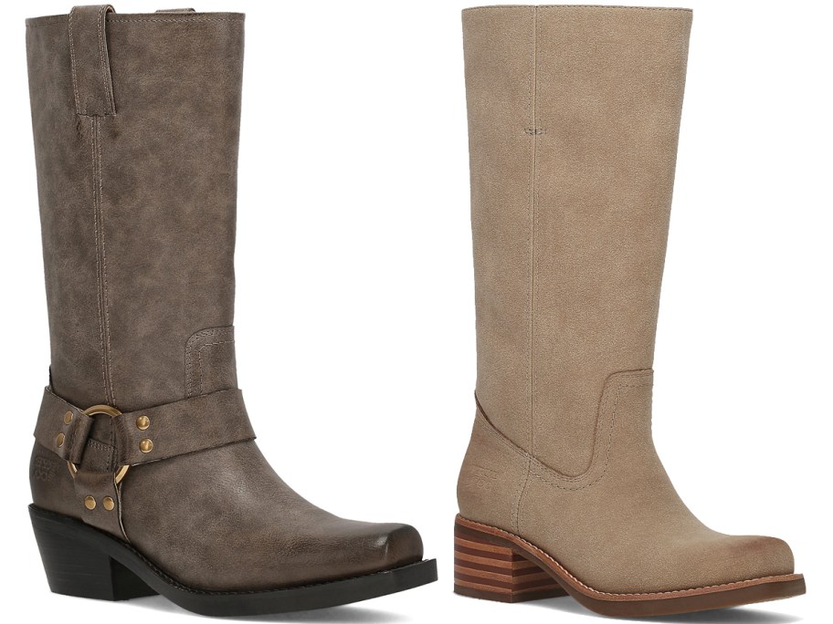 brown and taupe tall leather boots